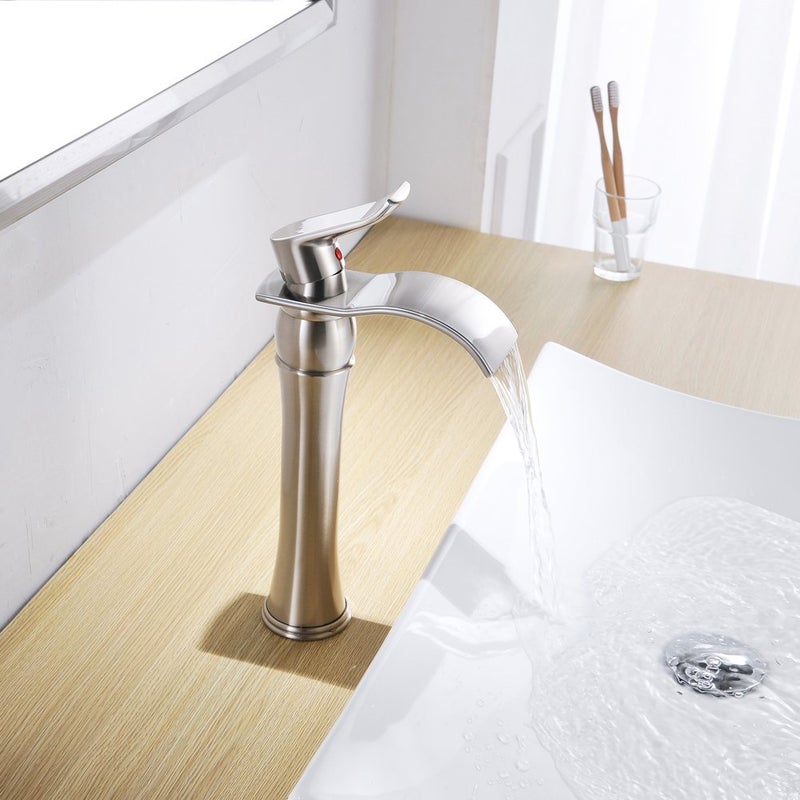 BWE Vessel Sink Faucet Brushed Nickel Single Hole Commercial Waterfall Bathroom Faucet with Pop Up Drain Without Overflow and Supply Line Modern Tall Faucet Bath Sink Lavatory Mixer Water Tap - Image 5